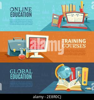 Global modern school education concept with training courses online 3 horizontal banners set abstract isolated vector illustration Stock Vector