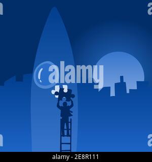 Vector illustration businessman putting jigsaw pazzle piece into the blank of rocket in the city background. Business startup concept. Stock Vector