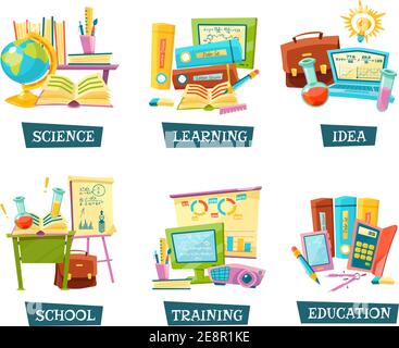 Modern and traditional school training educational materials supplies for classrooms 6 flat compositions set abstract vector illustration Stock Vector