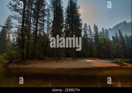 Beautiful sandy beach at Yosemite Valley Stock Photo