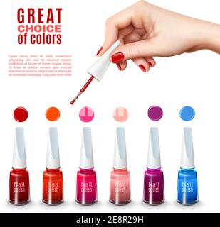 Best choice of new tints nail polish colors with beautiful hand holding brush advertisement poster realistic vector illustration Stock Vector