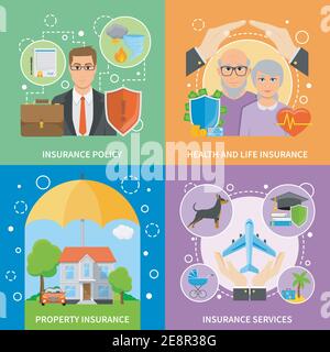 Insurance companies services flat icons square composition with life health and property protection policy abstract isolated vector illustration Stock Vector