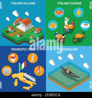 Italian top touristic attractions 4 isometric icons square poster with countryside food and gondolier abstract isolated vector illustration Stock Vector