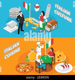 Italian culture traditions landmarks an mediterranean cuisine for tourists 2 isometric banners poster abstract isolated vector illustration Stock Vector