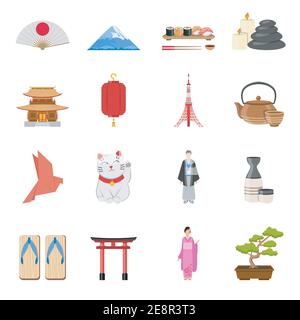 Japanese culture traditions  and national symbols flat icons collection with tea ceremony and kimono isolated vector illustration Stock Vector