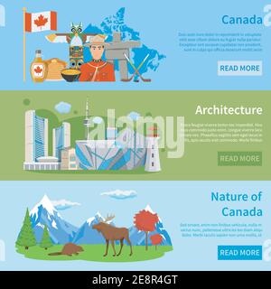 Canadian culture architecture nature and landmarks for travelers 3 flat horizontal banners webpage design isolated vector illustration Stock Vector