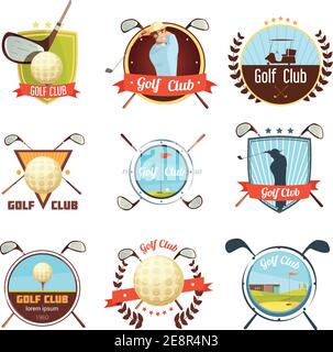 Popular golf clubs retro style labels collection with bag ball and player on course isolated vector illustration Stock Vector