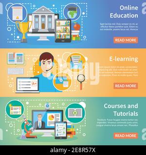 Online education information 3 flat horizontal banners set webpage design with read more button isolated vector illustration Stock Vector