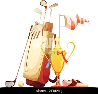 Golf bag with ball clubs shoes and tour championship winner trophy retro cartoon composition icon vector illustration Stock Vector