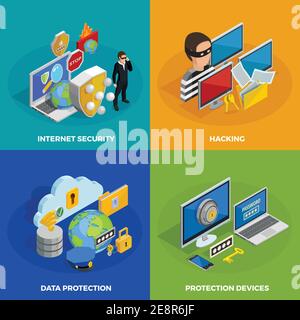 Data protection concept icons set with hacking symbols isometric isolated vector illustration Stock Vector