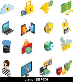 Data protection and storage icons set with laptop computer and smartphone isometric isolated vector illustration Stock Vector