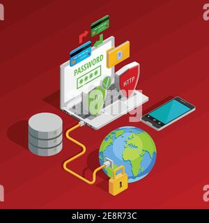 Data protection concept composition with computer security symbols isometric vector illustration Stock Vector