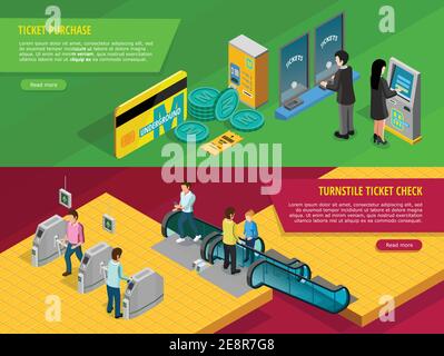 Underground horizontal banners set with ticket purchase symbols isolated isometric vector illustration Stock Vector