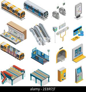 Underground isometric set with train and station symbols isolated vector illustration Stock Vector