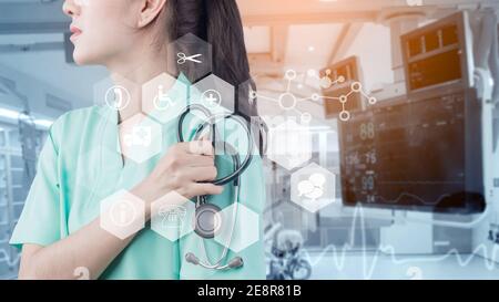 Doctor with a stethoscope in the hands and Operating room background, Modern medical technology and innovation concept Stock Photo