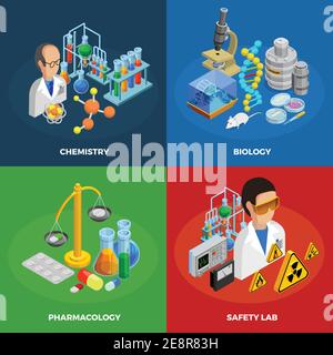 Science concept icons set with chemistry biology and pharmacology symbols isometric isolated vector illustration Stock Vector