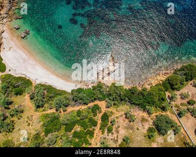 Aerial drone view over Chrisi Milia beach and the rocky surrounded area in Alonnisos island, Sporades, Greece, Europe Stock Photo