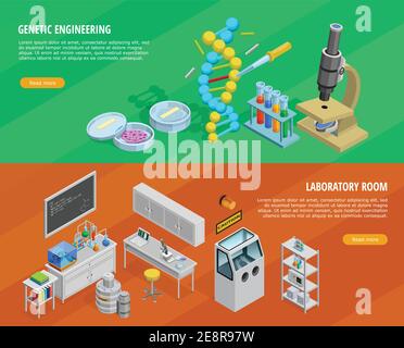 Science horizontal isometric banners set with genetic engineering symbols isolated vector illustration Stock Vector