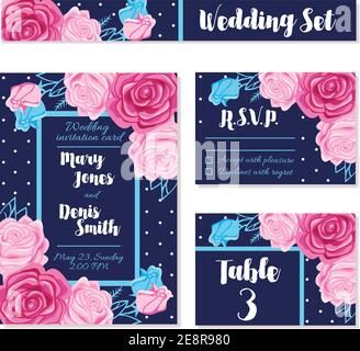 Set of different variants of wedding invitation template cards decorated with bouquets of roses flat vector illustration Stock Vector