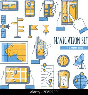 Navigation flat color icons set with map compass satellite dish and navigation app on mobile screen isolated vector illustration Stock Vector