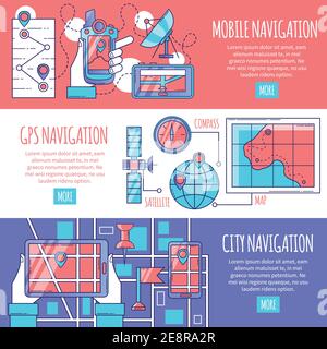 Navigation horizontal banners set with design compositions of mobile and gps services for city routing flat vector illustration Stock Vector