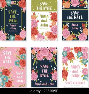 Wedding invitation banners with roses bouquet ornament save the date text and names of bride and groom flat vector illustration Stock Vector
