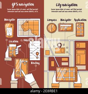 City navigation flat vertical banners with routing maps on screen of gadgets in people hands vector illustration Stock Vector