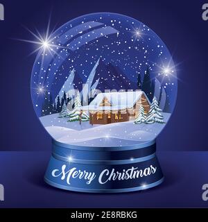Christmas winter landscape globe with snow house forest mountains and stars inside isolated vector illustration Stock Vector