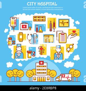 Medical flat vector illustration with city hospital design concept and healthcare icons with thermometer syringe pill blister and nurse and doctor fig Stock Vector