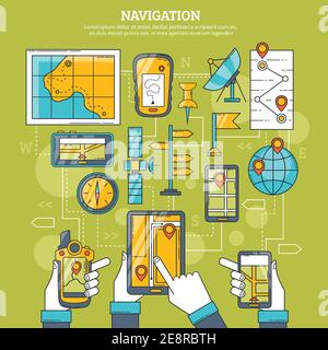 Navigation vector illustration with map gps navigator artificial earth satellite and navigation app on tablet screen flat icons Stock Vector
