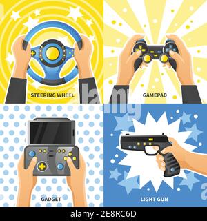 Game gadget 2x2 design concept with people hands holding steering, wheel light gun gamepad flat vector illustration Stock Vector