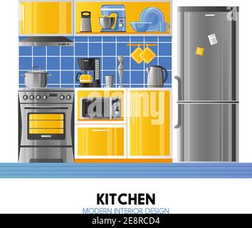 Kitchen modern interior design concept in realistic style with household equipment appliances and utensil flat vector illustration Stock Vector