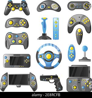 Collection of game consoles wireless gamepad joystick and steering wheel isolated color icons set vector illustration Stock Vector