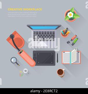 Creative workplace objects top view on grey background flat isolated vector illustration Stock Vector