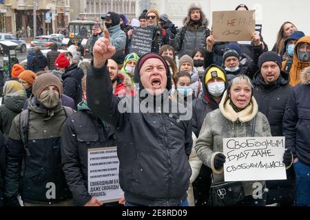 Moscow, Russia. 31st Jan, 2021. Protesters chant slogans during the demonstration. More than five thousand people were detained during the rallies held in various cities of Russia in support of the opposition leader Alexey Navalny who was arrested on January 17 when he returned from Germany, where he had spent five month recovering from poisoning. Credit: SOPA Images Limited/Alamy Live News Stock Photo