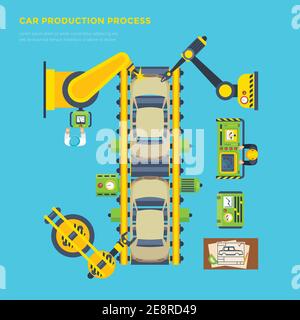 Top view poster of car production process on automatic conveyor with robotic instruments flat vector illustration Stock Vector