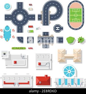 Top view set of city elements like various road junctions vehicles  plants and different buildings isolated vector illustrations Stock Vector