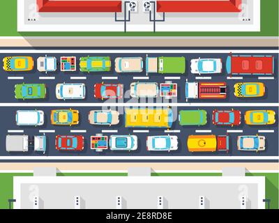 Top view poster of traffic jam in city with many different vehicles on road flat vector illustration Stock Vector