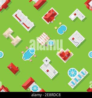 Seamless pattern with city elements like pools houses other buildings and grass top view vector illustration Stock Vector