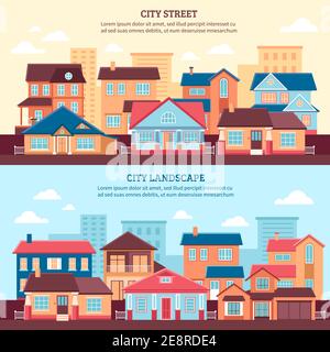 City landscape flat horizontal banners with one and two storey cottages and multi storey buildings flat vector illustration Stock Vector