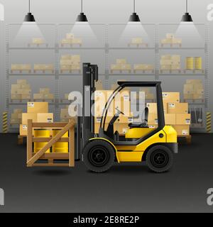 Warehouse realistic composition with forklift storage and cargo boxes ...