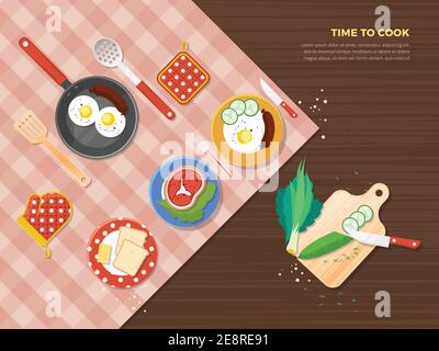 Time to cook top view poster of dishes from different food ingredients and preparation process vector illustration Stock Vector