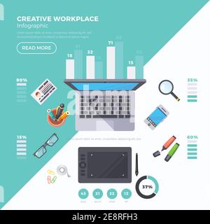 Workplace objects infographic set with percentage and statistics flat vector illustration Stock Vector