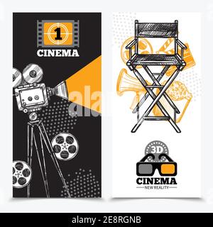 Cinema vertical banners with camera tape  director chair and 3d glasses vector illustration Stock Vector