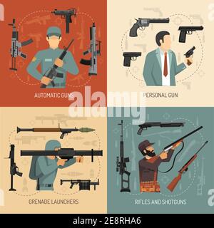 Armed men with weapons guns grenade launchers and pistols 2x2 flat design concept isolated vector illustration Stock Vector
