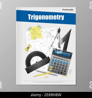 Trigonometry flyer template with copybook rulers calculator pencils rubber and compass vector illustration Stock Vector