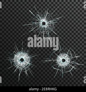 Bullet holes template in glass on transparent gray background isolated vector illustration Stock Vector