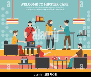 Hipster flat vector illustration with young people in street slothes communicating in cafe decorated in retro style Stock Vector