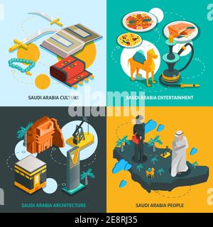Saudi Arabia touristic isometric concept with arabian cultural elements sights and amusements in flat style isolated vector illustration Stock Vector