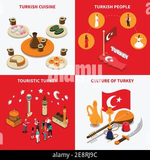 Touristic attraction in turkey 4 isometric icons square with historic basilica and mosque landmarks isolated vector illustration Stock Vector
